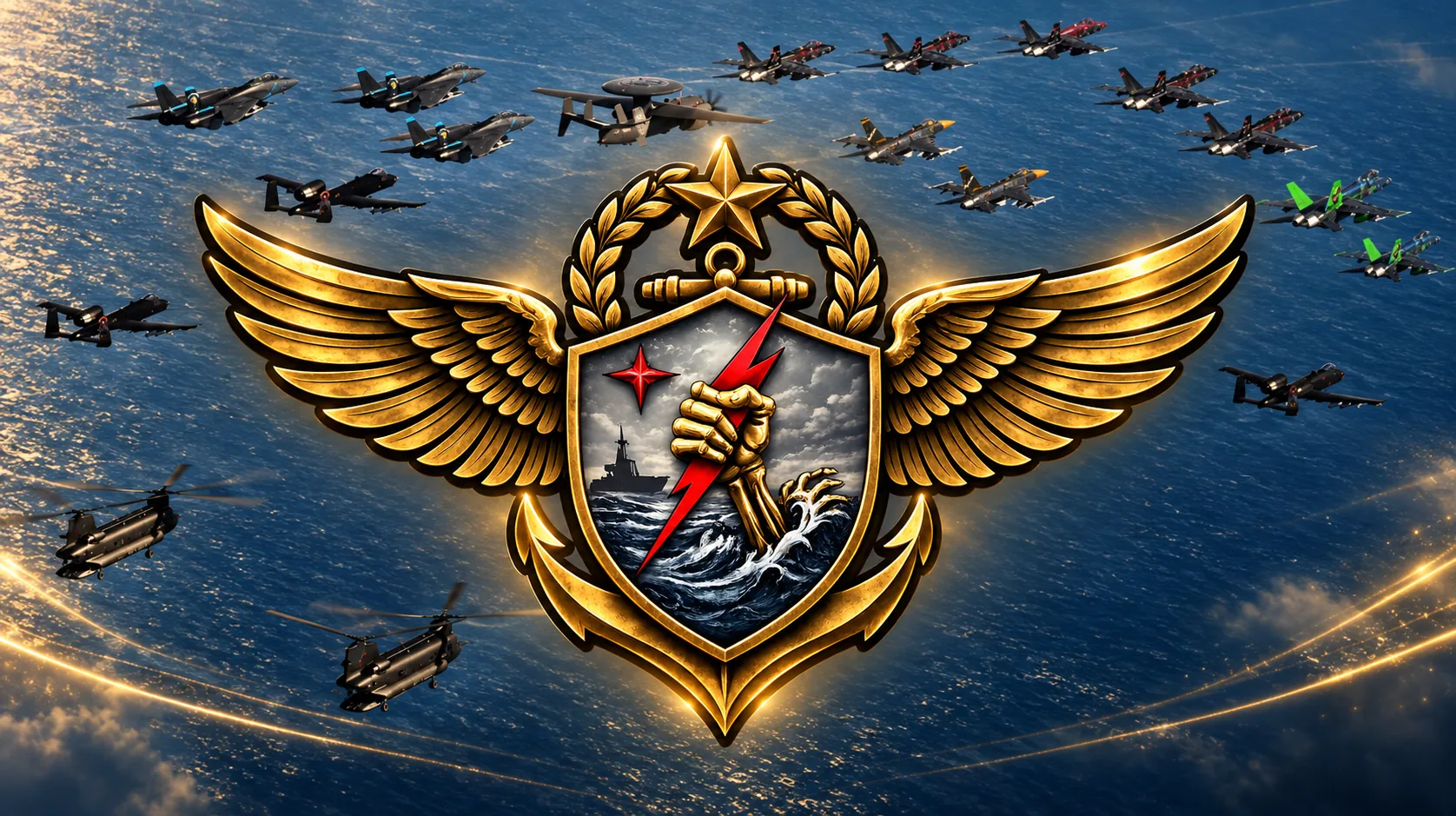 Every aircraft in CVW-0 flying in formation together over open water