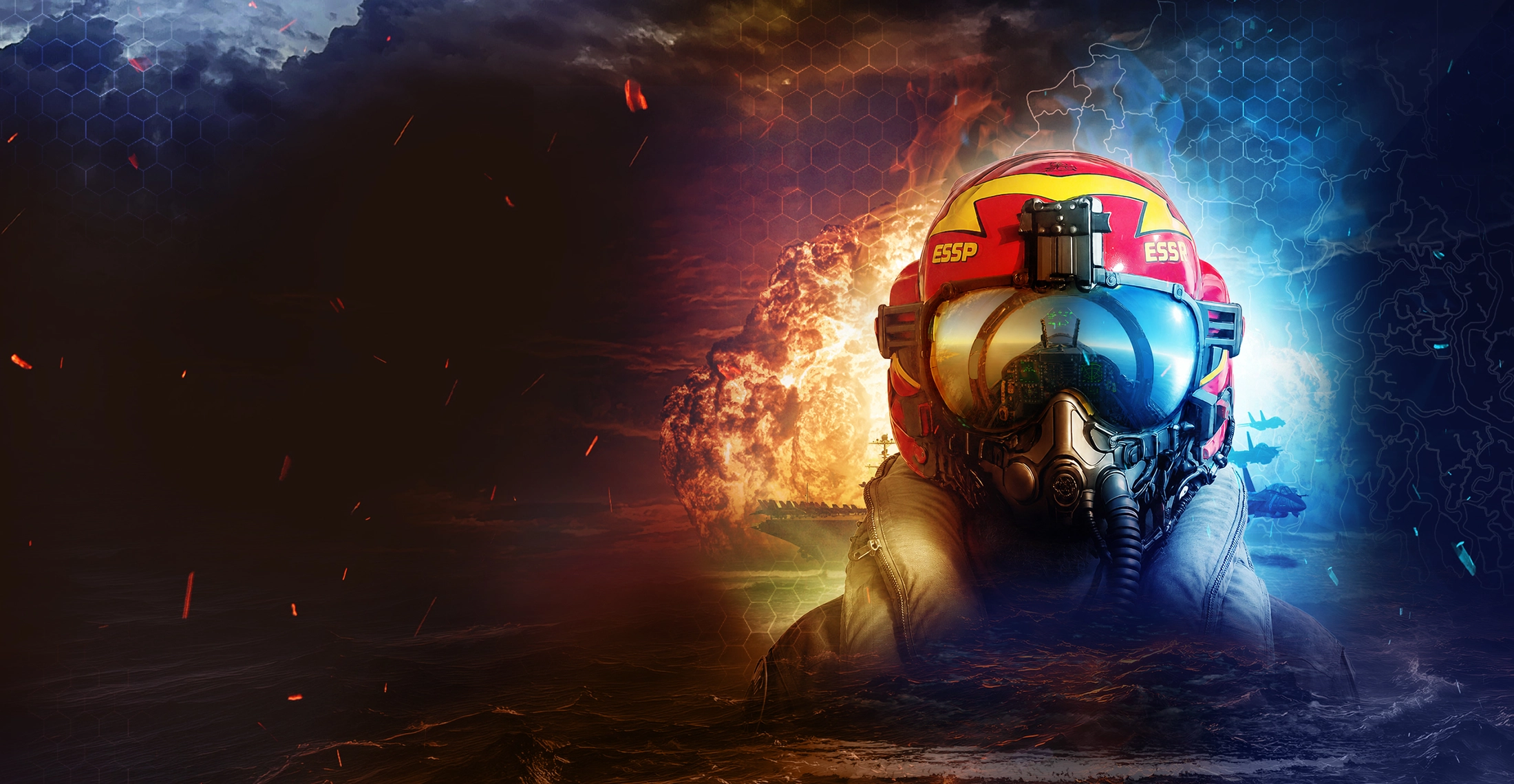 ESSP's flight helmet reflecting CVW-0's carrier strike group amid fire and lightning