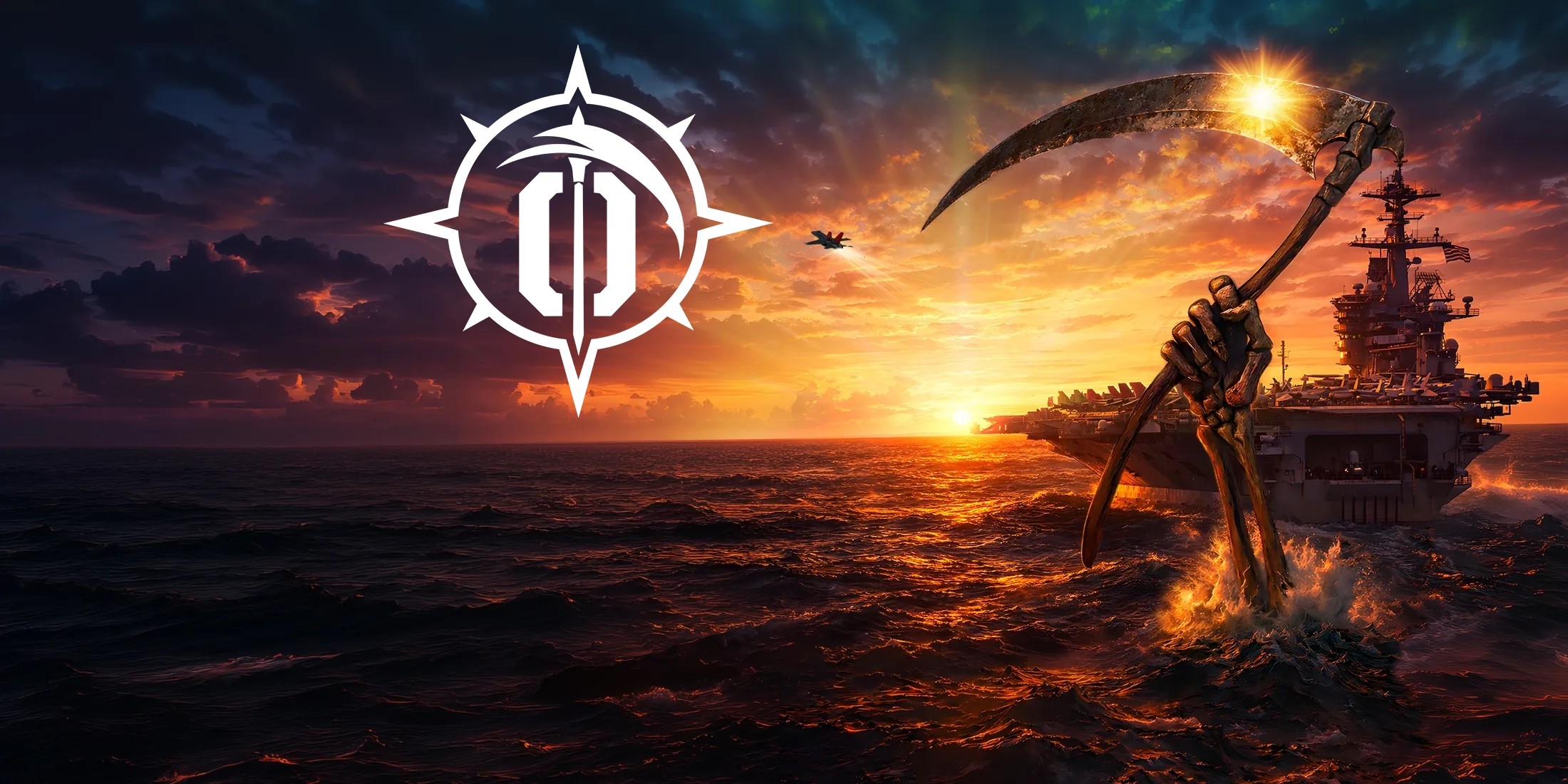 A skeletal reaper's hand grips a scythe rising from the sea beside the USS Leviathan at sunset, an F/A-18 in the sky above
