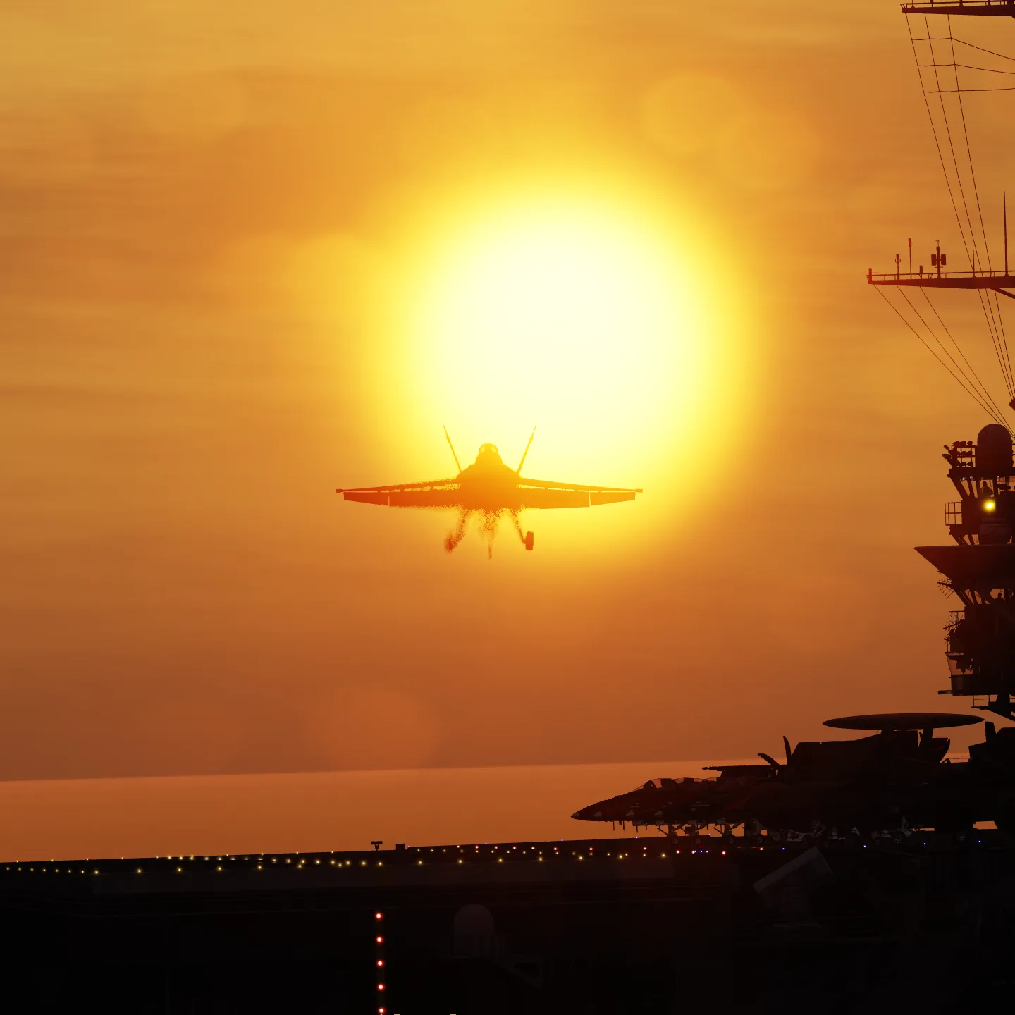 F/A-18 launching off the Leviathan into the sunset